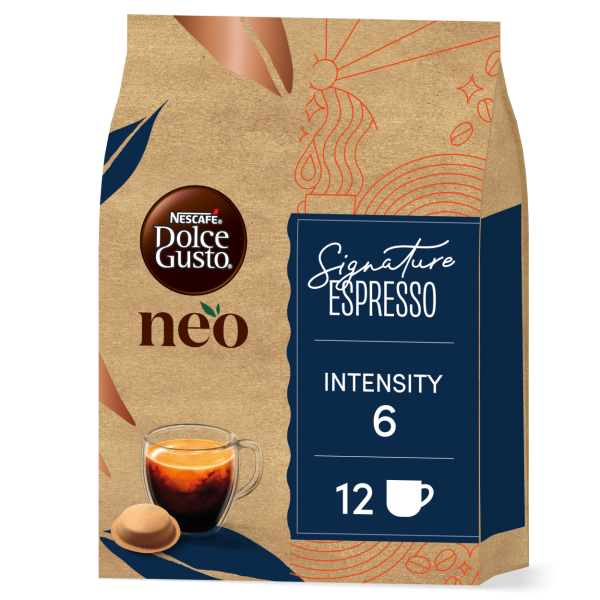 front view of the neo signature espresso with a pod