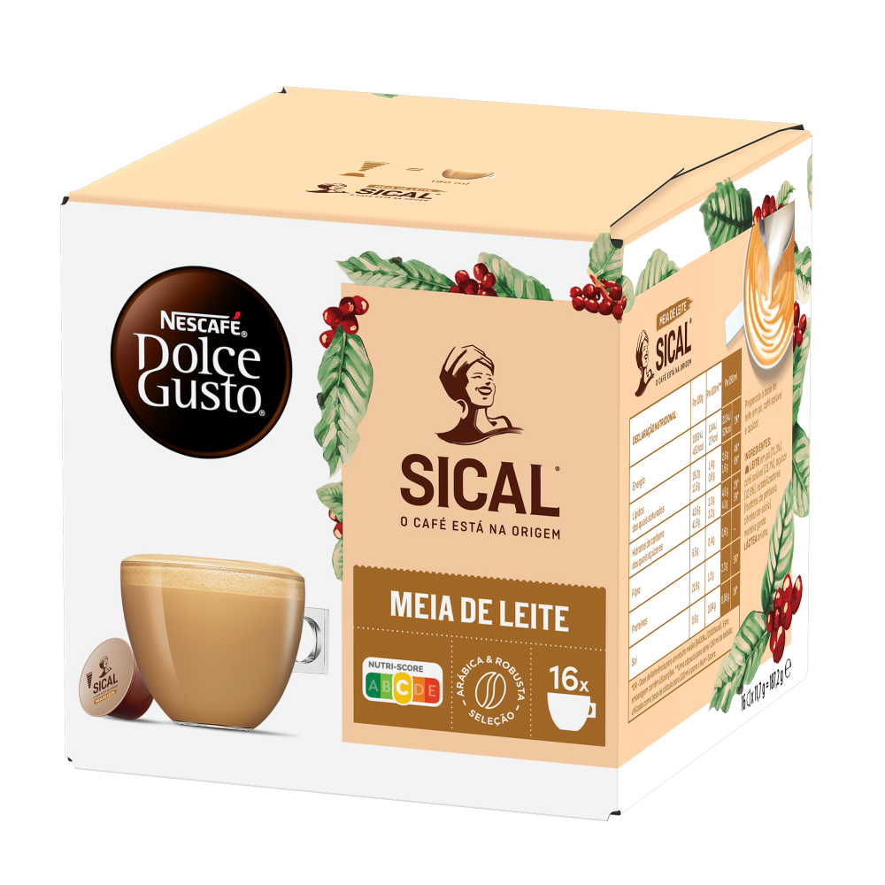 Vista Lateral Embalagem de  16 Cápsulas Sical Meia de Leite NESCAFÉ® Dolce Gusto® 