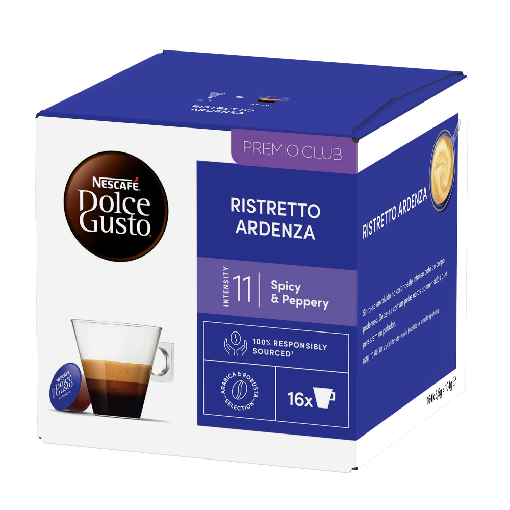 Vista Lateral Embalagem de  16 Cápsulas RISTRETTO ARDENZA NESCAFÉ® Dolce Gusto® 
