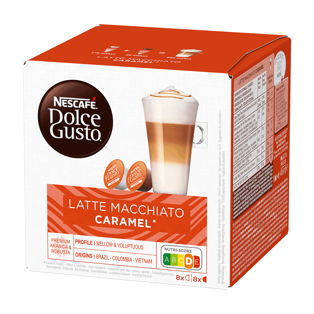 Vista Lateral Embalagem de 16 Cápsulas CARAMEL LATTE MACCHIATO NESCAFÉ® Dolce Gusto® 