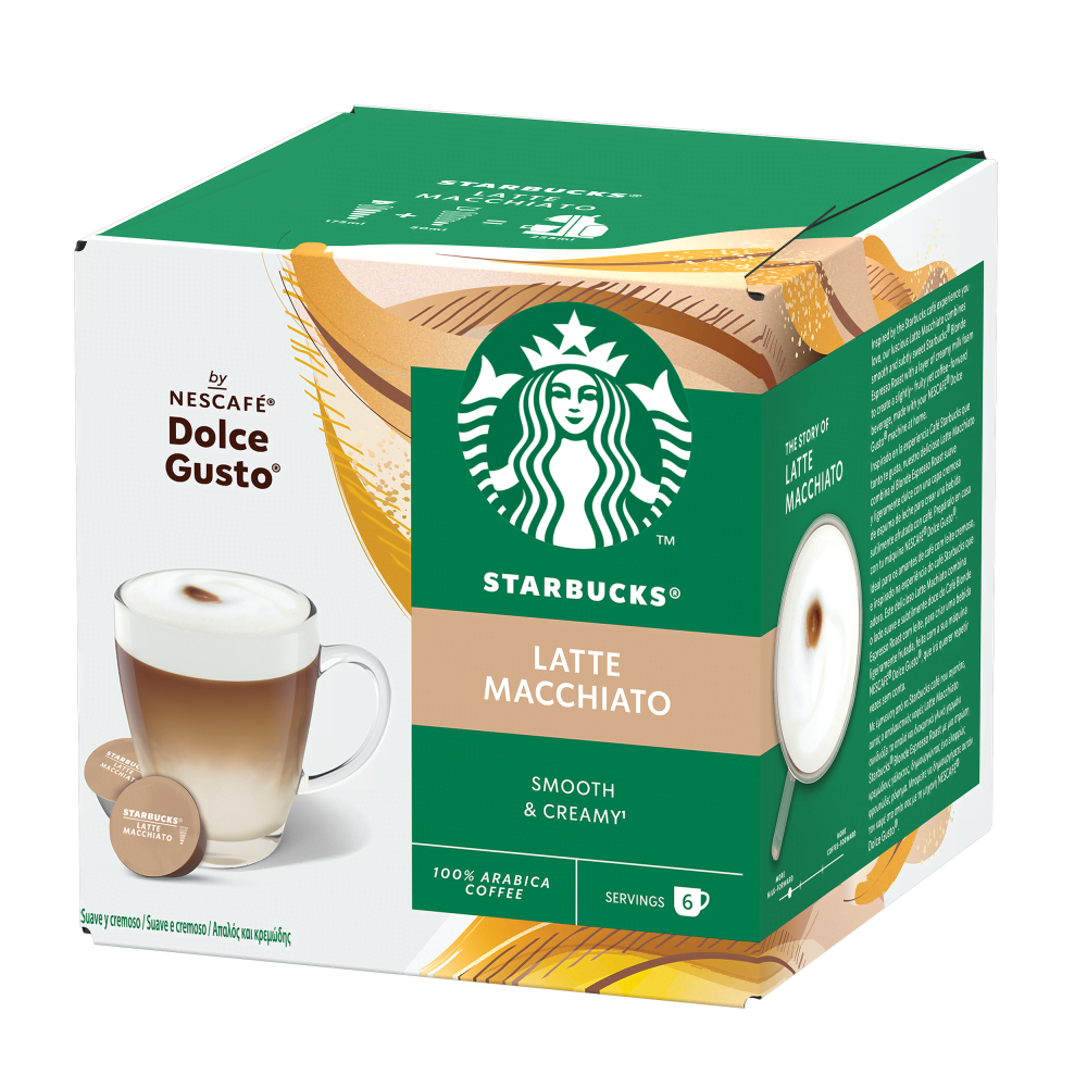 Vista Lateral Embalagem de  12 Cápsulas STARBUCKS LATTE MACCHIATO NESCAFÉ® Dolce Gusto®