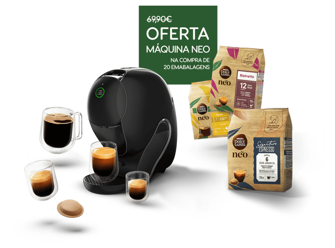 Uma máquina de café NEO com diferentes bebidas e embalagens.