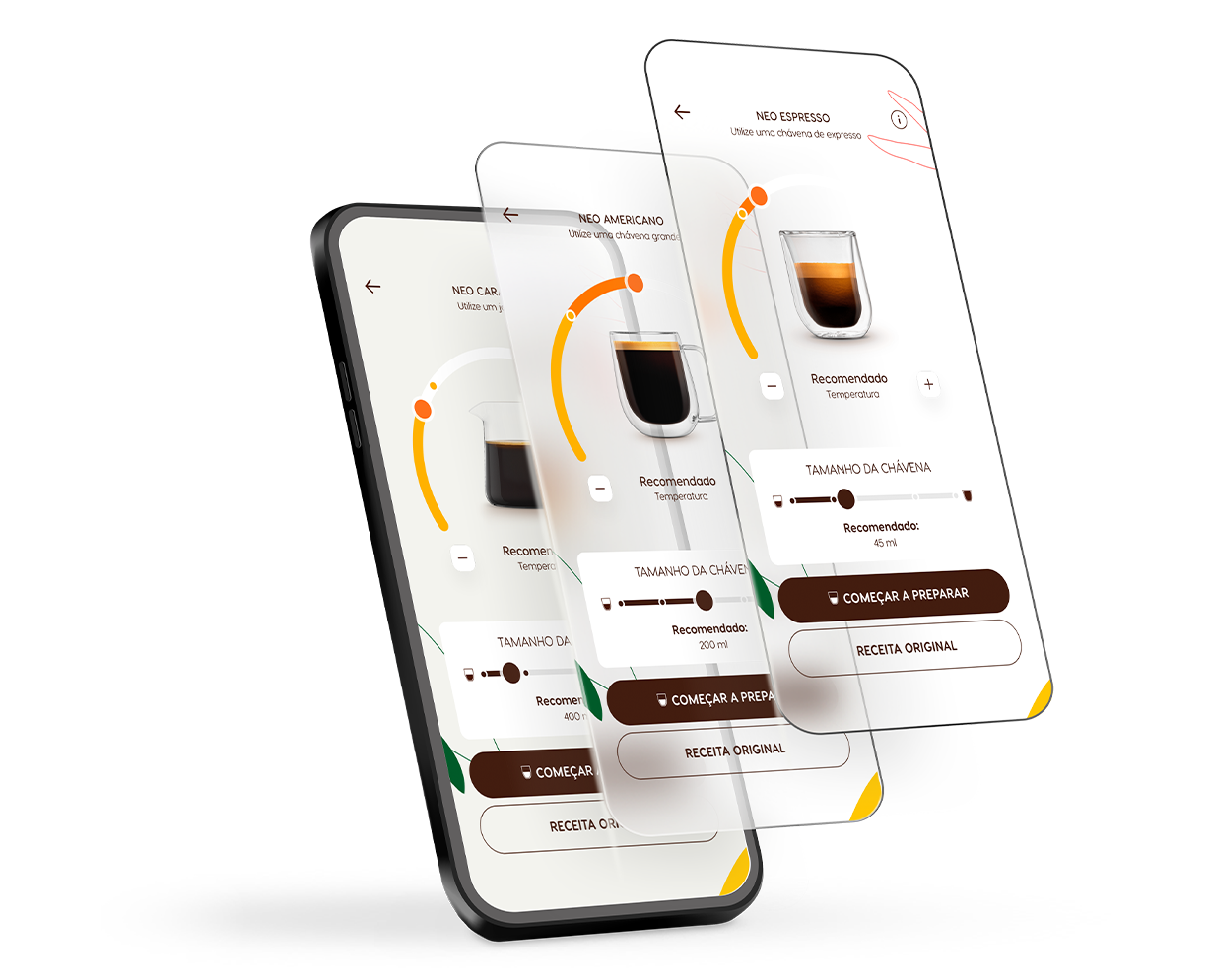 Três ecrãs de telemóvel a mostrar o painel de personalização para diferentes bebidas..
