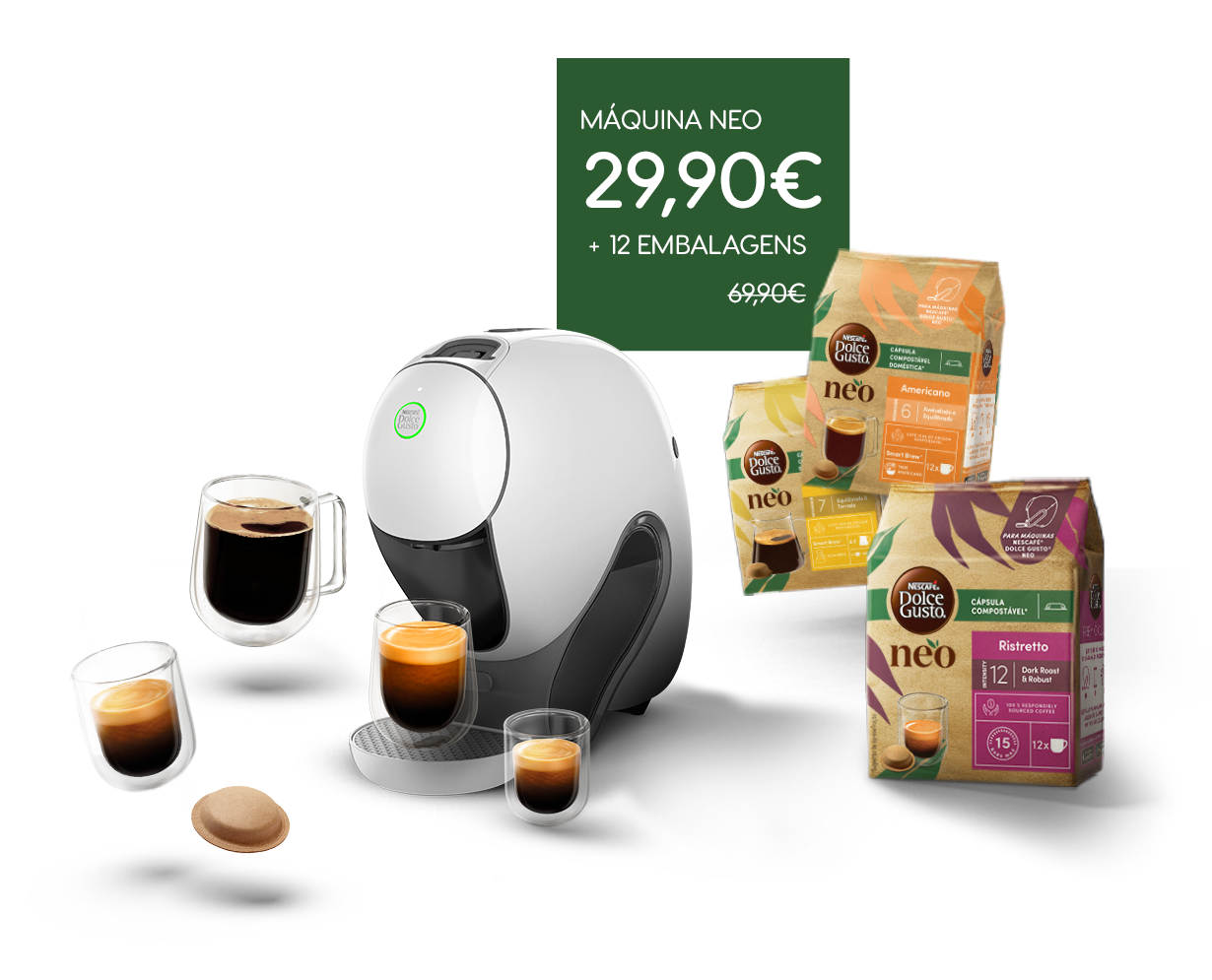 Uma máquina de café NEO com diferentes bebidas e embalagens.