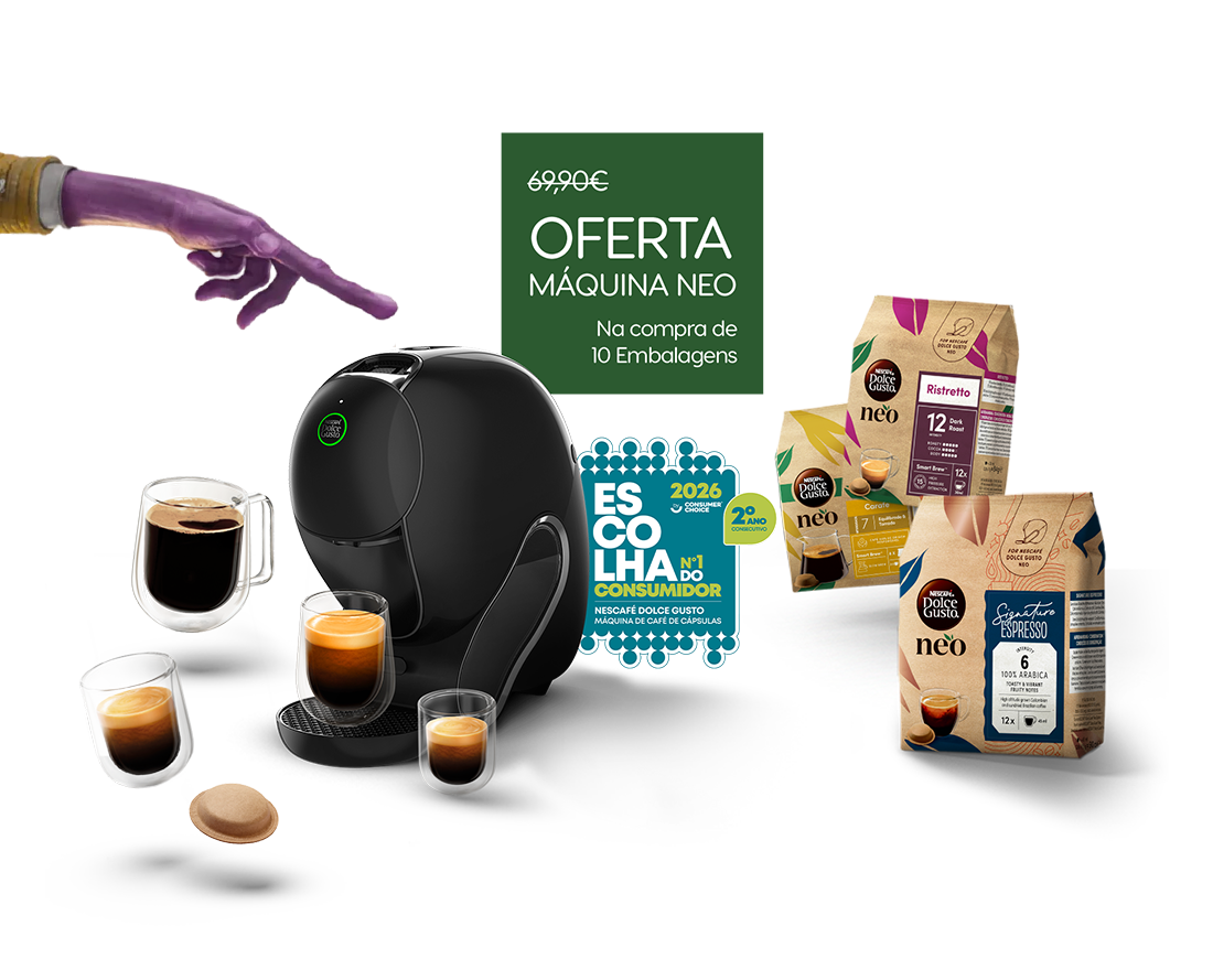 Uma máquina de café NEO com diferentes bebidas e embalagens.