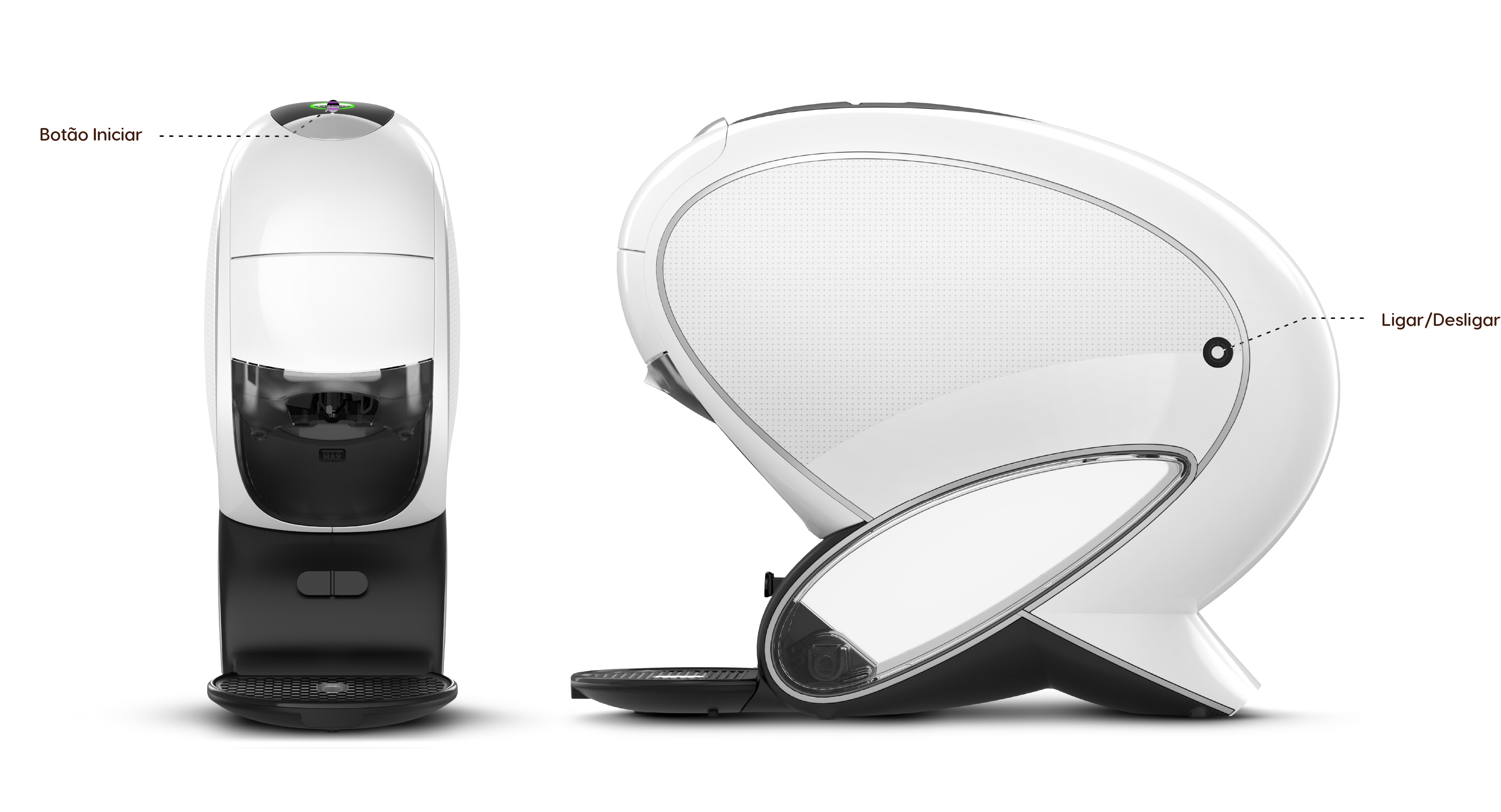 Visão frontal e lateral da máquina de café mostrando o botão de iniciar no topo e botão de ligar/desligar no lado direito