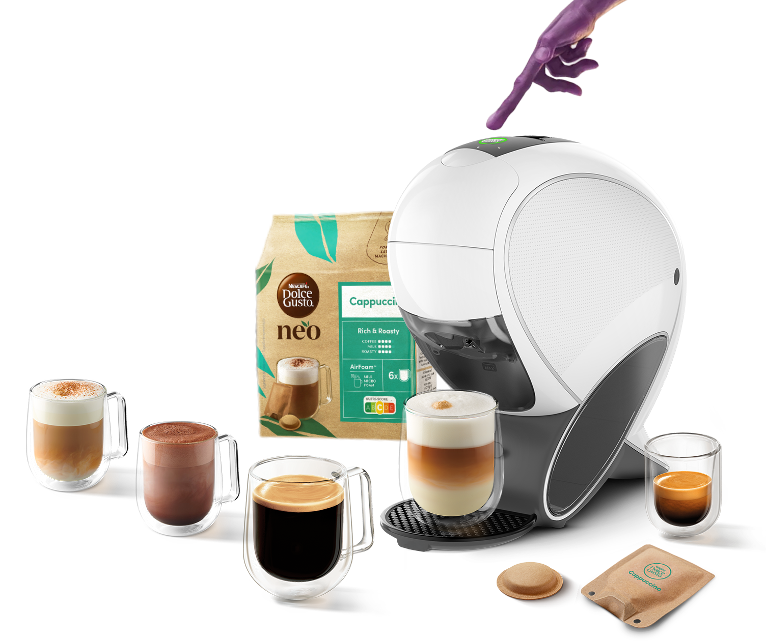 Dedo de alien&iacute;gena a tocar na NEO Latte, com bebidas, pack NEO, c&aacute;psula e saqueta ao redor.