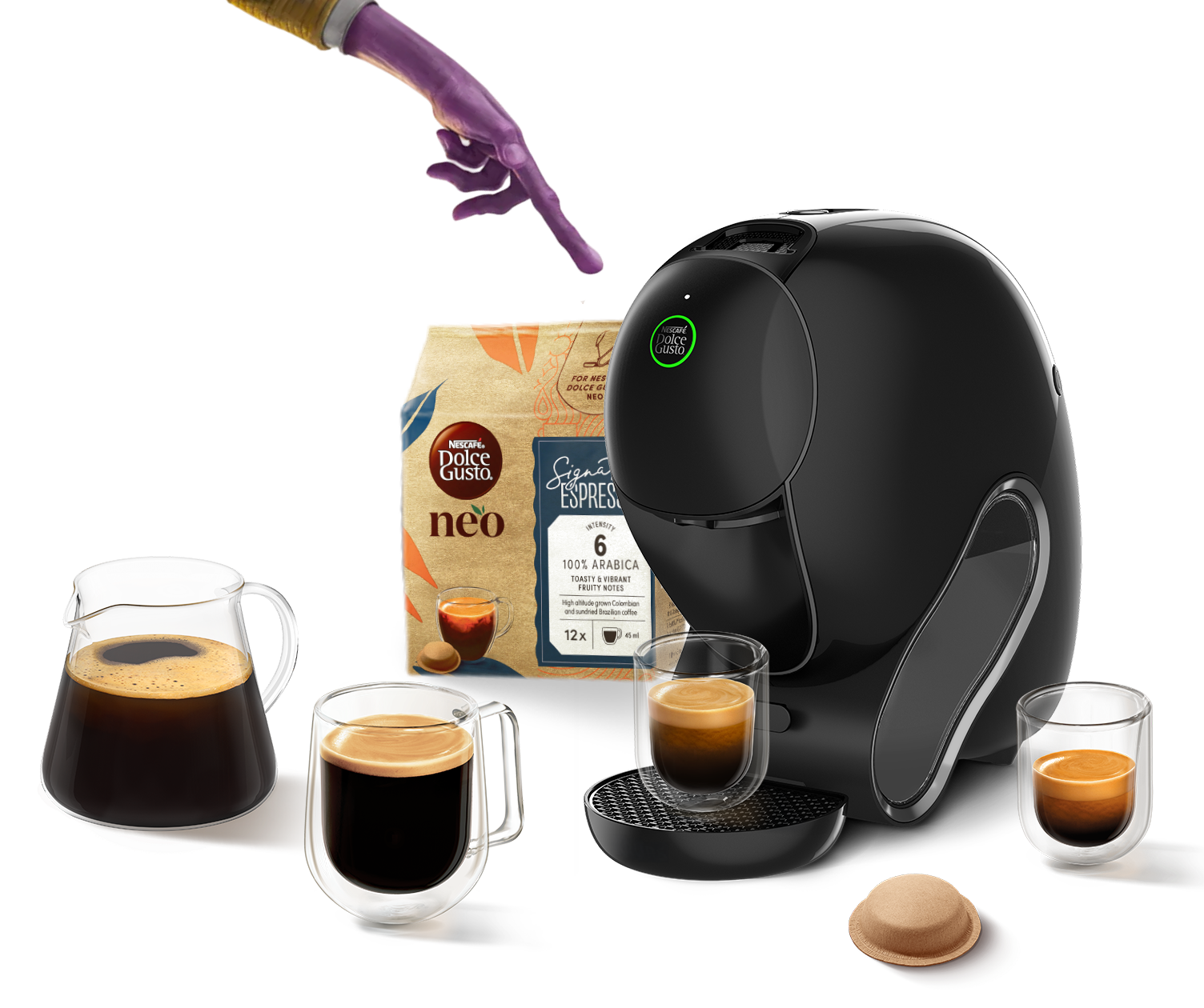  Dedo de alien&iacute;gena a tocar na m&aacute;quina NEO Caff&egrave;, com bebidas, um pack NEO e uma c&aacute;psula &agrave; volta.