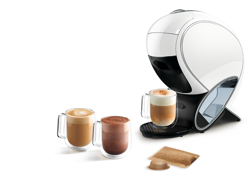 Máquina NEO Latte em branco com várias bebidas NEO.
