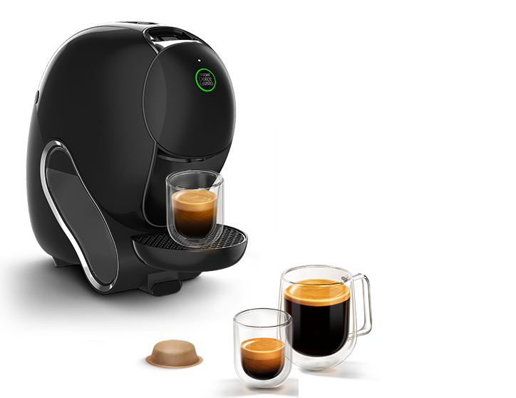 Máquina NEO Caffè em preto com vários cafés NEO.