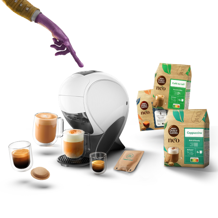 Uma máquina de café NEO Latte em branco, acompanhada por diferentes bebidas e packs.
