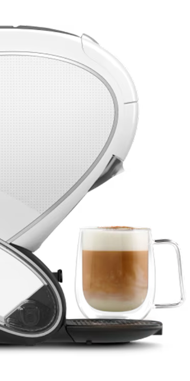 Comparação frente a frente entre a máquina de café NEO Latte em branco e a máquina NEO Caffè em preto, com o dedo de um alienígena a pairar entre as duas.