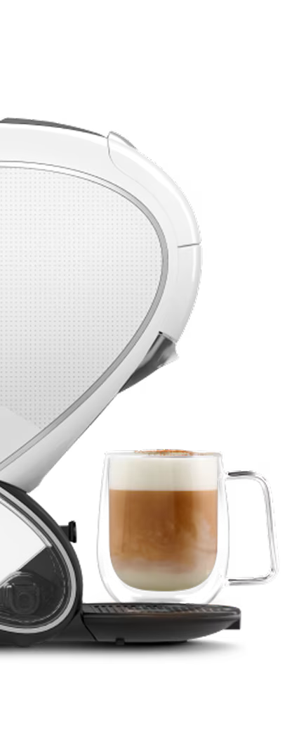 Comparação frente a frente entre a máquina de café NEO Latte em branco e a máquina NEO Caffè em preto, com o dedo de um alienígena a pairar entre as duas.