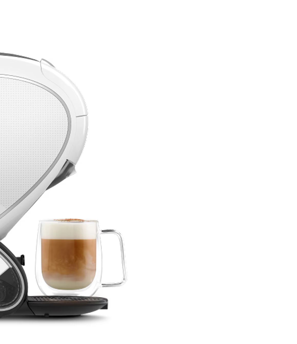 Comparação frente a frente entre a máquina de café NEO Latte em branco e a máquina NEO Caffè em preto, com o dedo de um alienígena a pairar entre as duas.