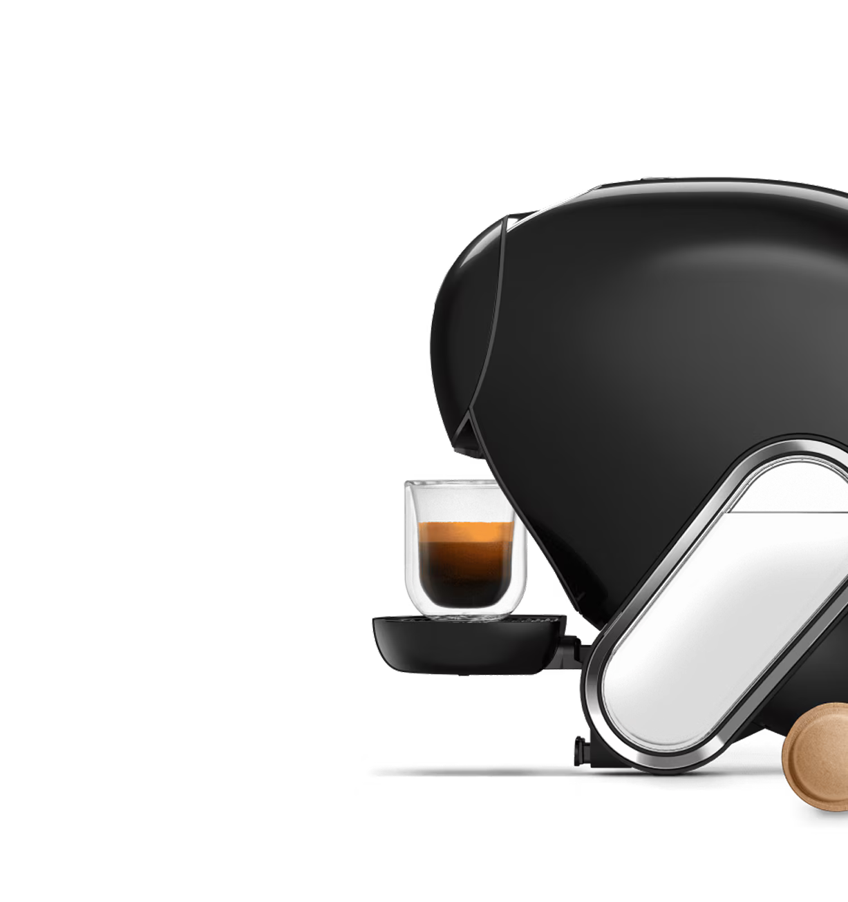 Comparação frente a frente entre a máquina de café NEO Latte em branco e a máquina NEO Caffè em preto, com o dedo de um alienígena a pairar entre as duas.