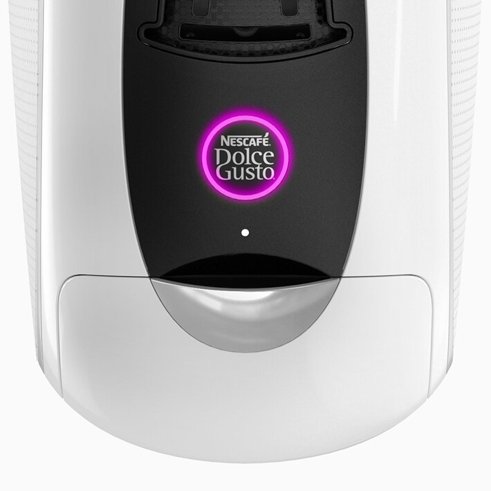 Máquina NEO Latte branca com o botão de início iluminado em roxo