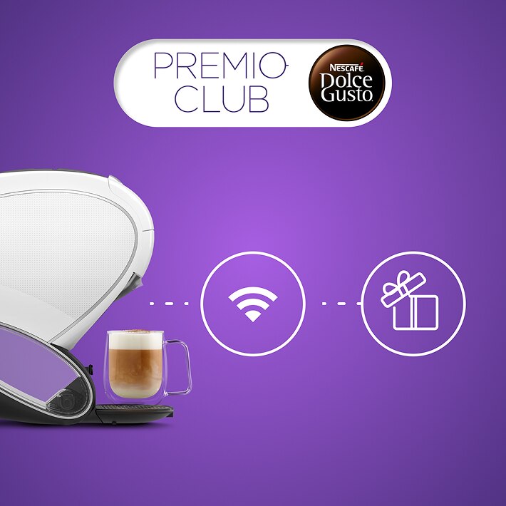 Máquina NEO Latte branca, ícone de Wi‑Fi e ícone de oferta