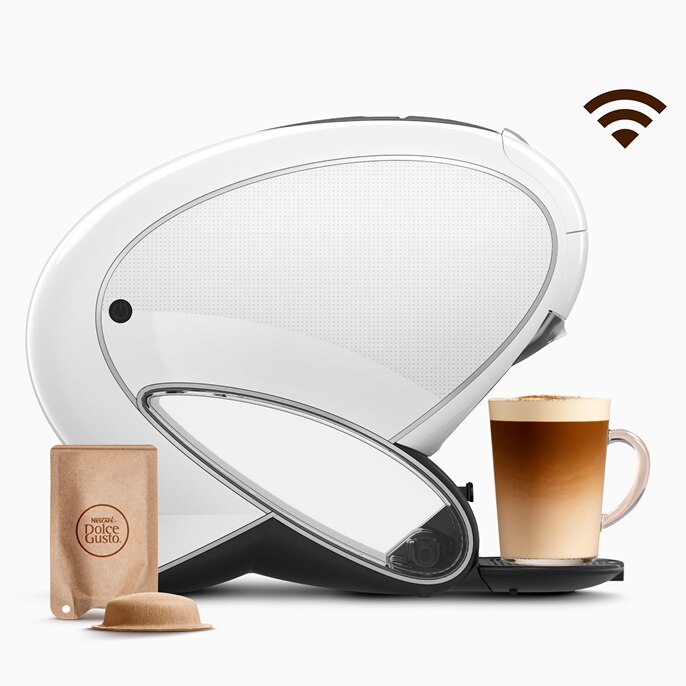Máquina NEO Latte branca, inteligente, com ícone de Wi‑Fi.